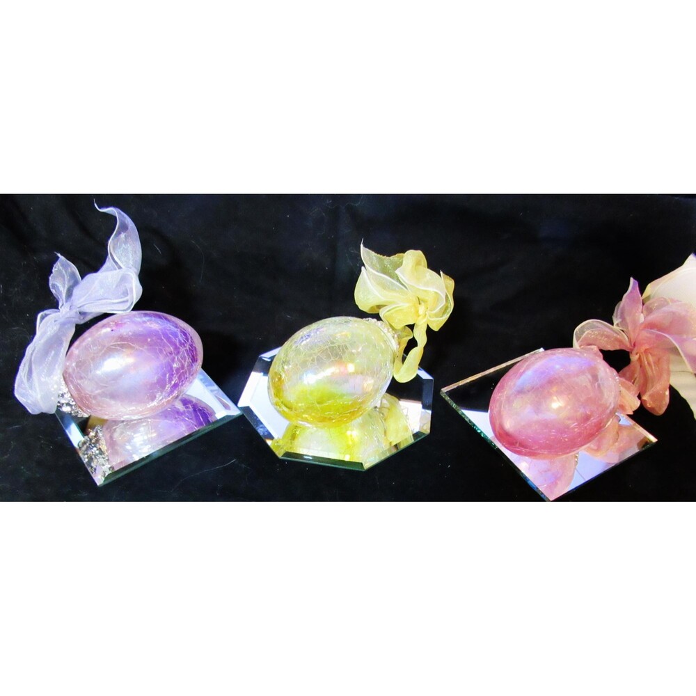 Three Iridescent Crackle Glass Egg Ornament Pastel Easter Purple Pink Yellow